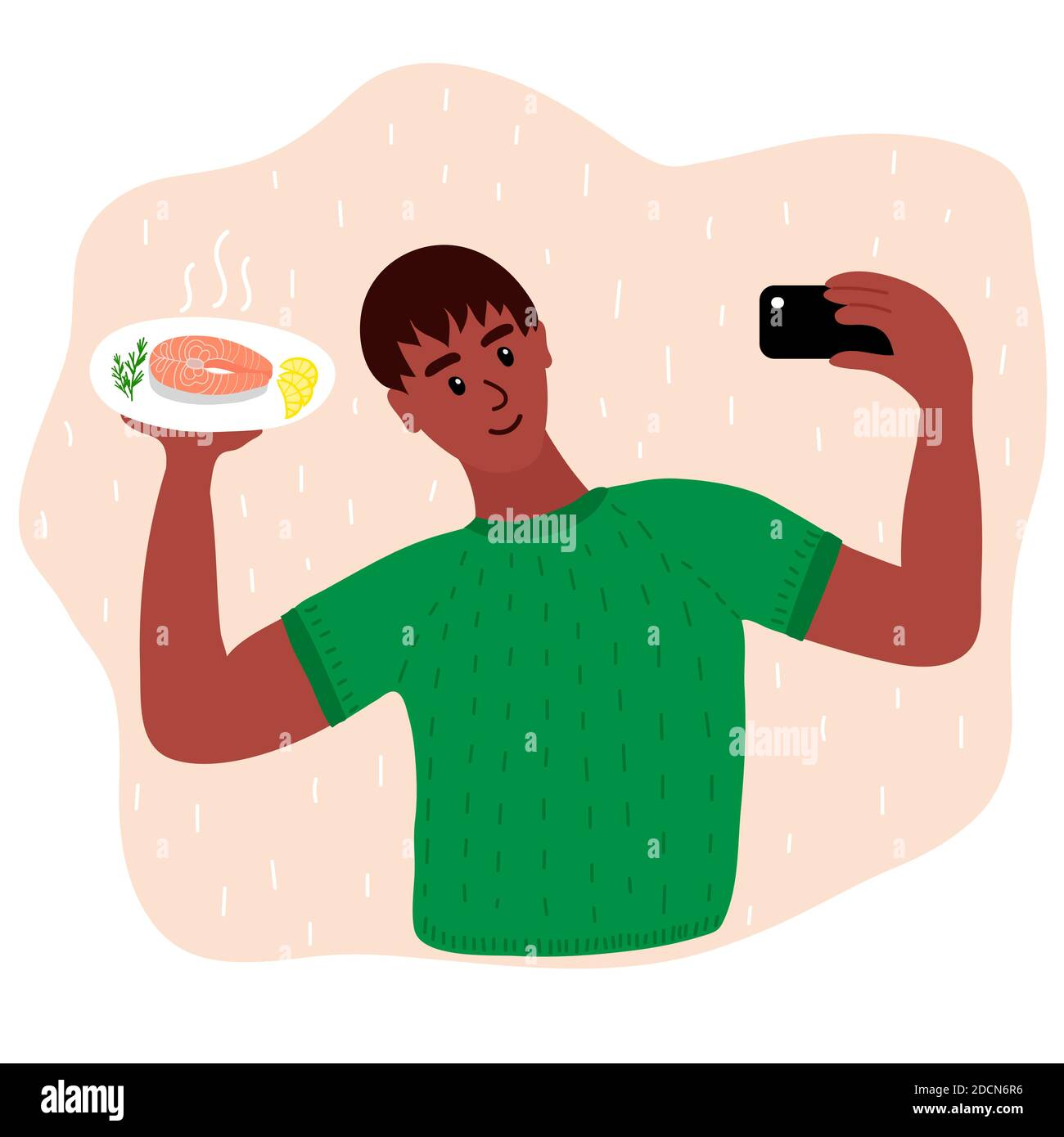 Black african man Food Blogger machen Foto Selfie mit Lachs Steak und Zitronenstücke und Rosmarin für Blog. Netter Junge mit Smartphone-Kamera. Soziale m Stock Vektor