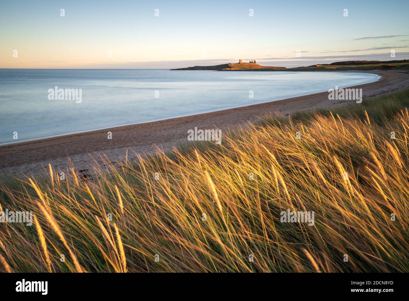 Die geschwungene Kurve der Embleton Bay während der goldenen Stunde am Abend mit Dunstanburgh Castle, das das letzte direkte Licht des Tages am Horizont ertappen wird. Stockfoto