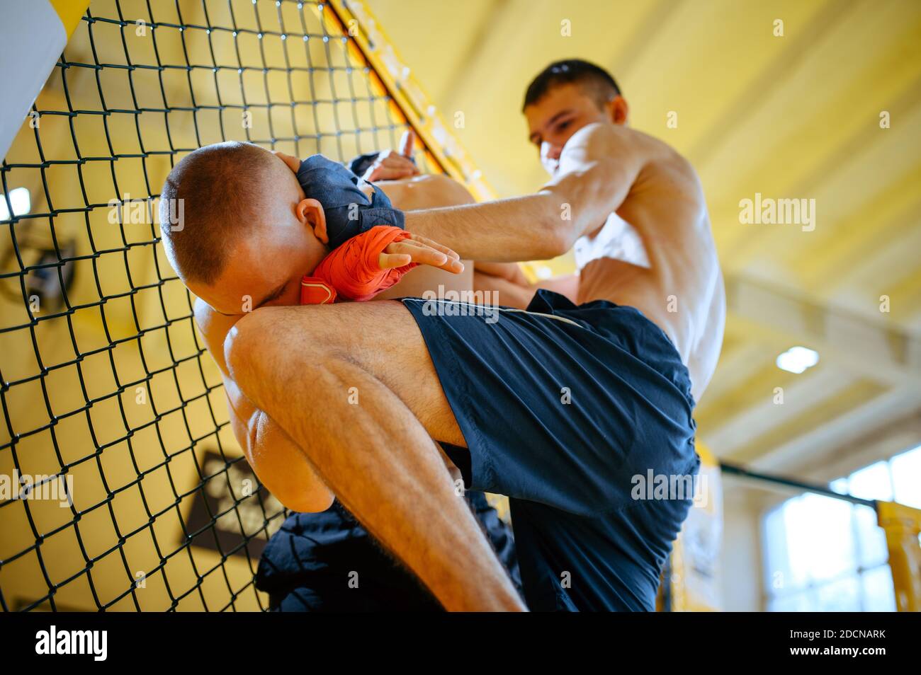 MMA Fighter führt Knieschlag auf seinen Gegner Stockfoto
