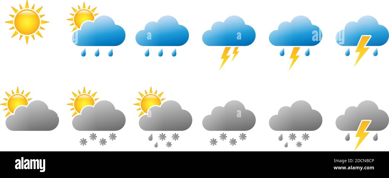 Verschiedene Sonne und bewölkte Symbole für regnerisches und bewölktes Wetter Gibt farbige Symbole ein Stock Vektor