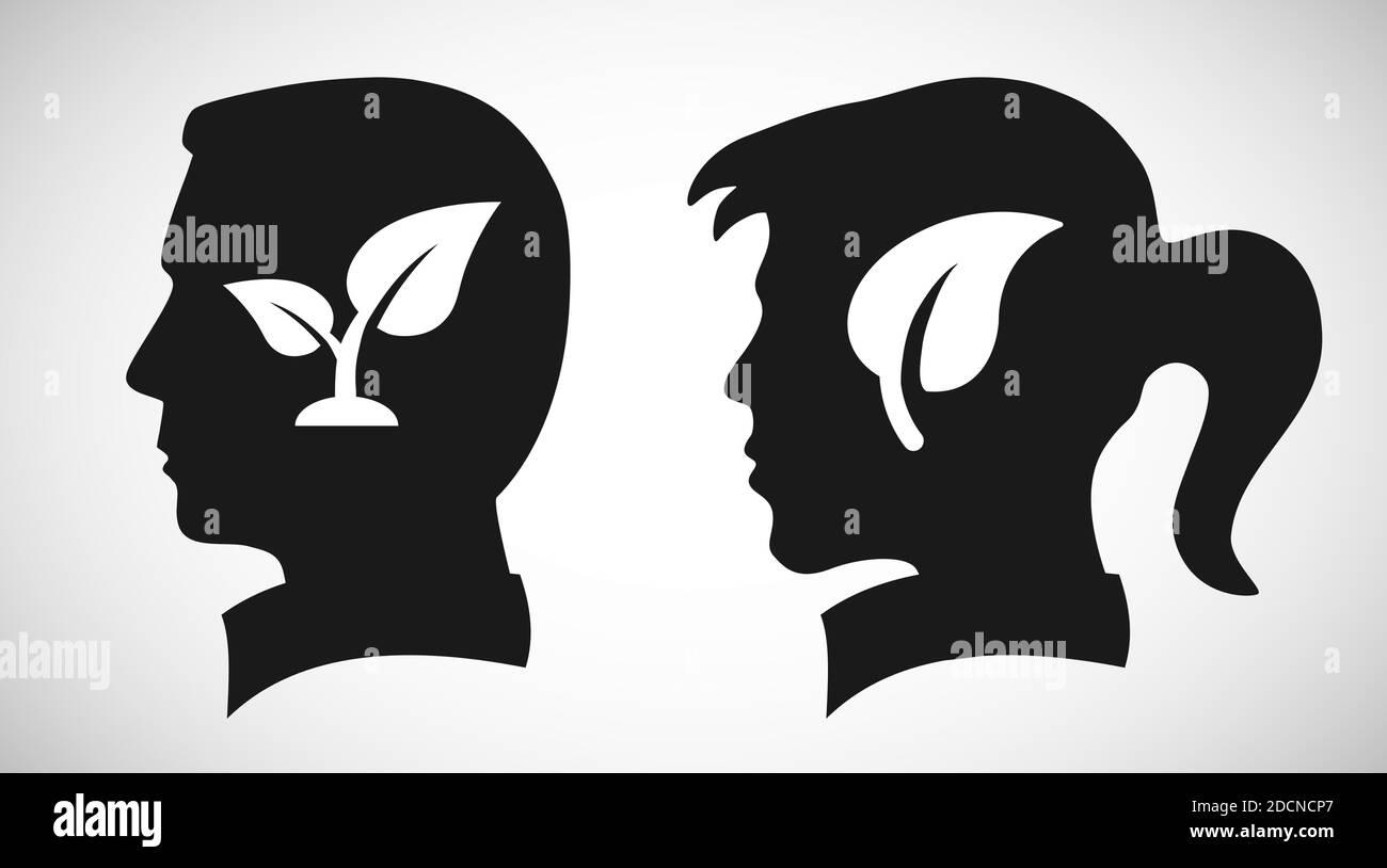 Symbol für ökologischen Geist. Kopf von Mann und Frau mit Öko-Blatt-Symbol Stock Vektor