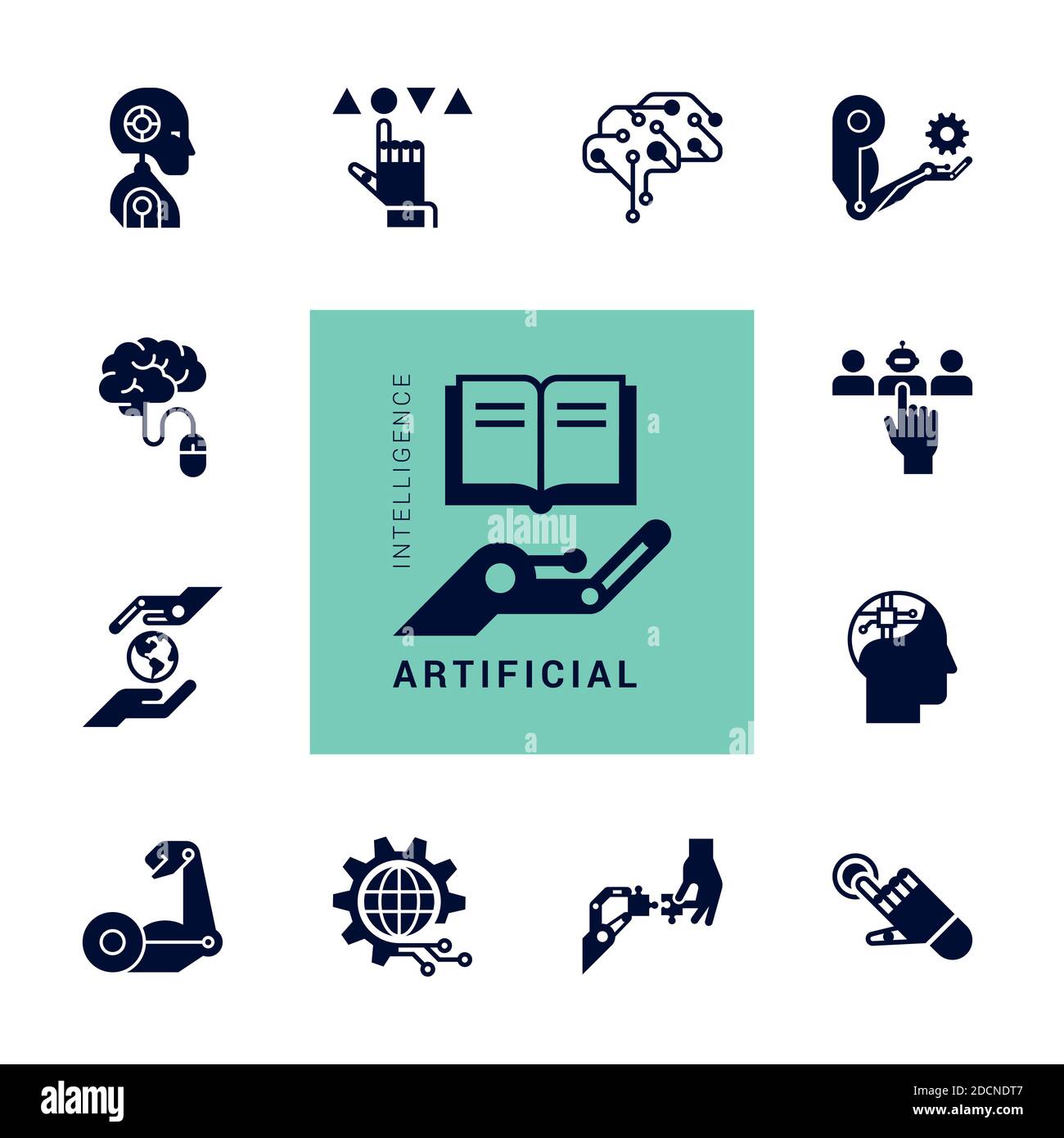 Eine große Sammlung von linearen Symbolen der künstlichen Intelligenz und Cyber-Technologien isoliert auf einem weißen Hintergrund. EPS 10. Stock Vektor