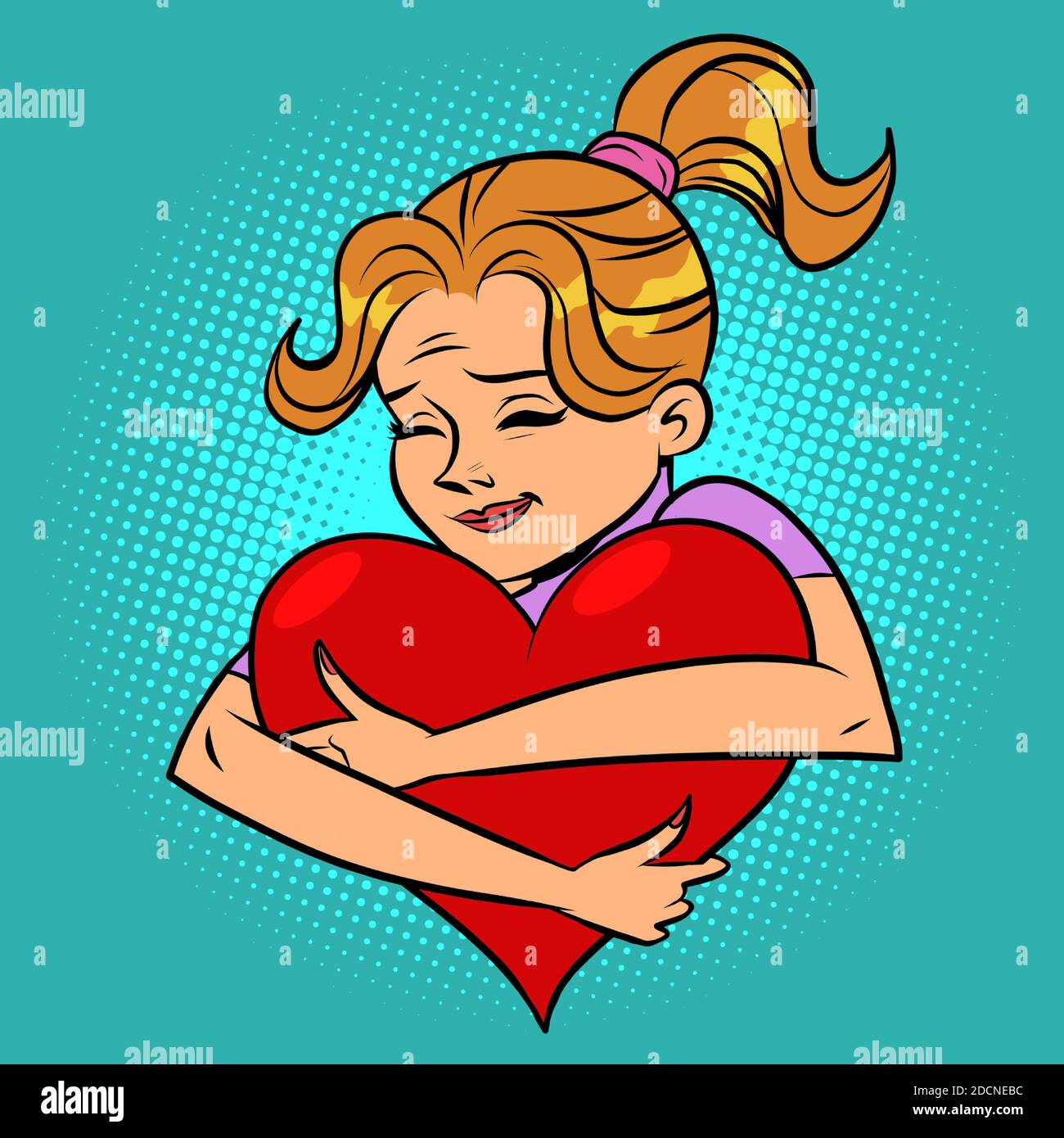 Mädchen in der Liebe umarmt rotes Herz Stock Vektor