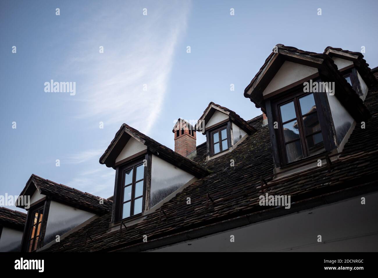 Ljubljana Altstadt Dachfenster und Kamin Stockfoto