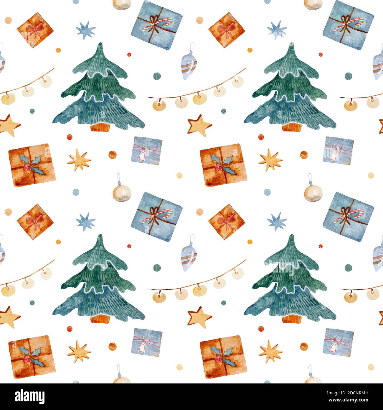 Aquarell Weihnachten nahtlose Muster mit Spielzeug, Eve, Geschenke, Lebkuchen, Sterne und Schneeflocken. Helles Licht festlichen Hintergrund für Stoffe, Wrappi Stockfoto