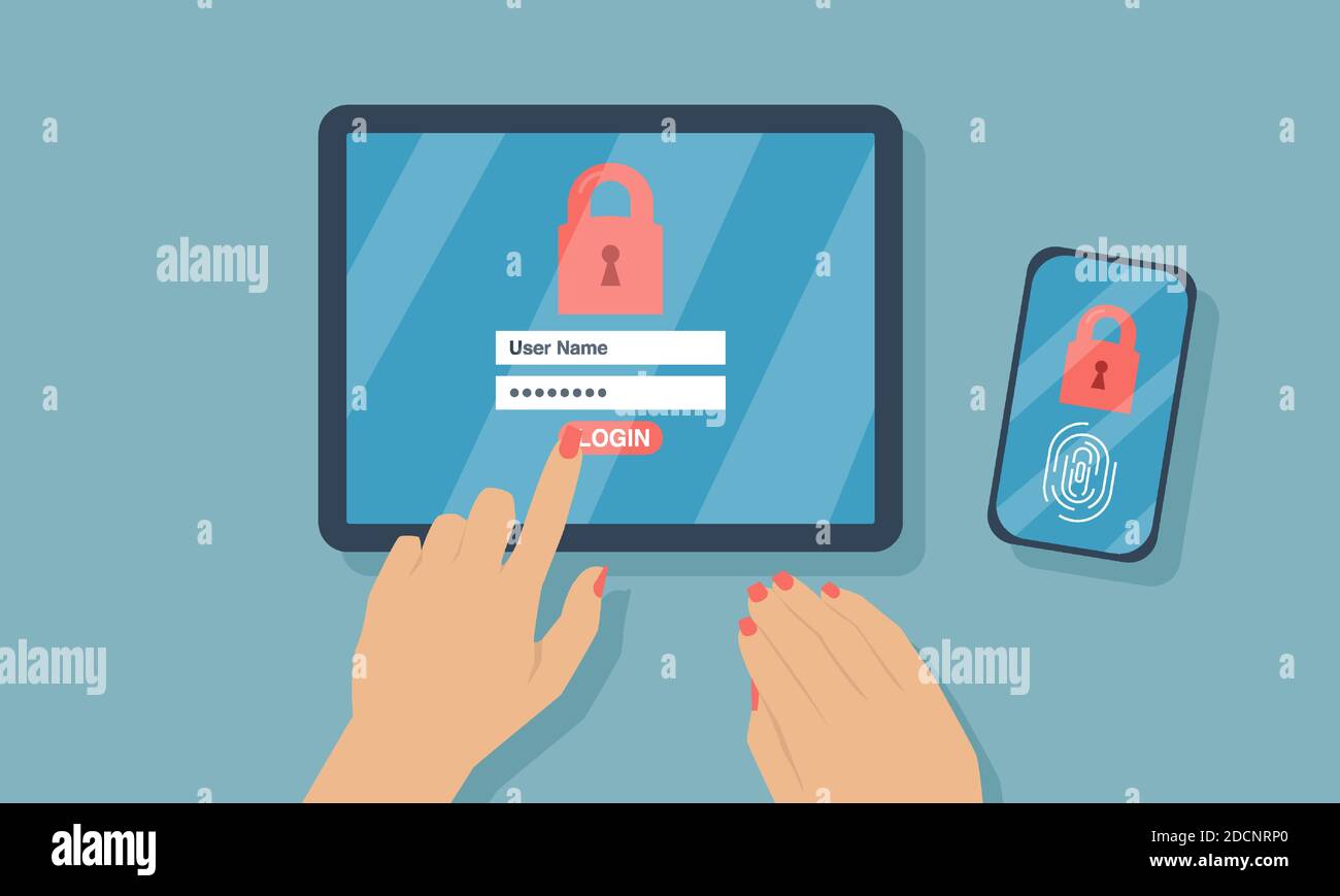 Vektor einer Frau Login in ihr digitales Tablet und Smartphone mit zwei-Faktor-Authentifizierungssicherheit Stock Vektor