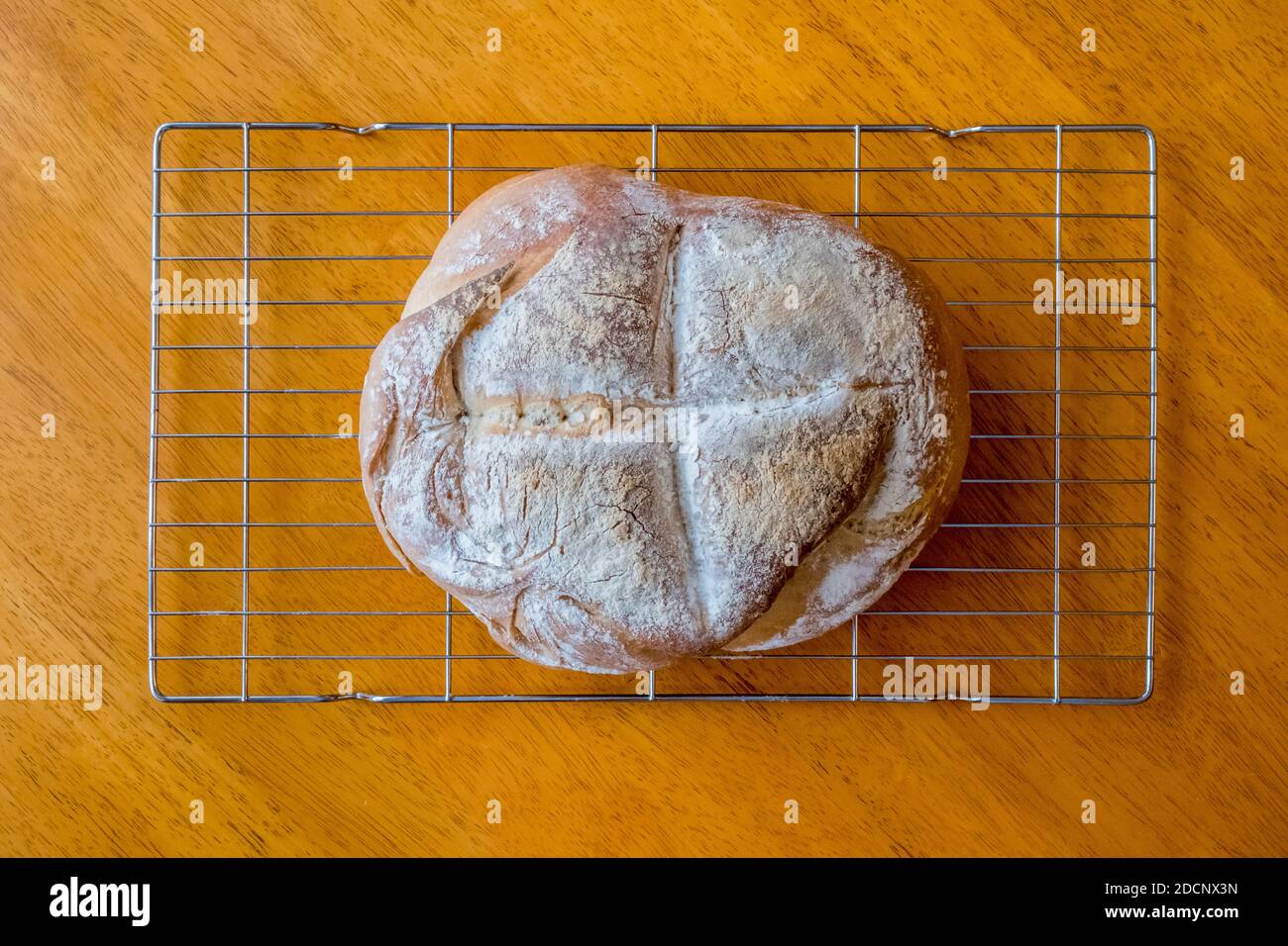 Frisch gebackenes Brot kühlen auf einem Drahtgitter Stockfoto