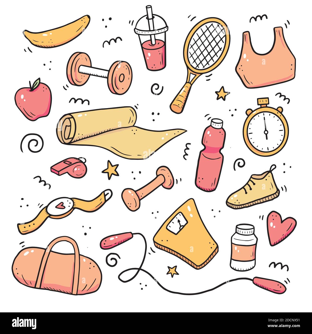 Handgezeichnetes Fitness-Set, Fitnessgeräte, Lifestyle-Konzept für Aktivitäten. Doodle-Skizzenstil. Sportelement mit digitalem Pinselstift gezeichnet. Abbildung für Symbol, Rahmen, Hintergrund. Stock Vektor