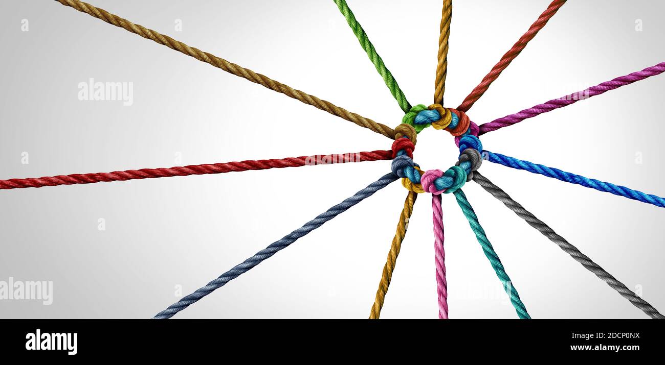 Arbeitsteam-Einheit und Teamwork-Konzept als Geschäftsmetapher für den Beitritt zu einer Partnerschaft als diverse Seile, die als Unternehmenssymbol miteinander verbunden sind. Stockfoto