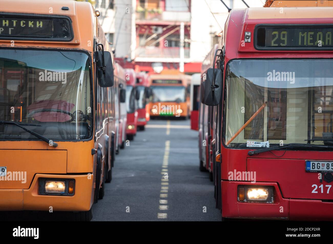 BELGRAD, SERBIEN - 14. SEPTEMBER 2018: Belgrader Trolleybusse, oder Trolley, warten in der Schlange auf den Betrieb. Auch trolej genannt, sind sie ein großer Teil von Th Stockfoto