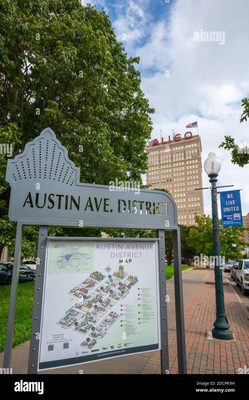 Texas, Waco, Austin Ave. Stadtplan Stockfoto