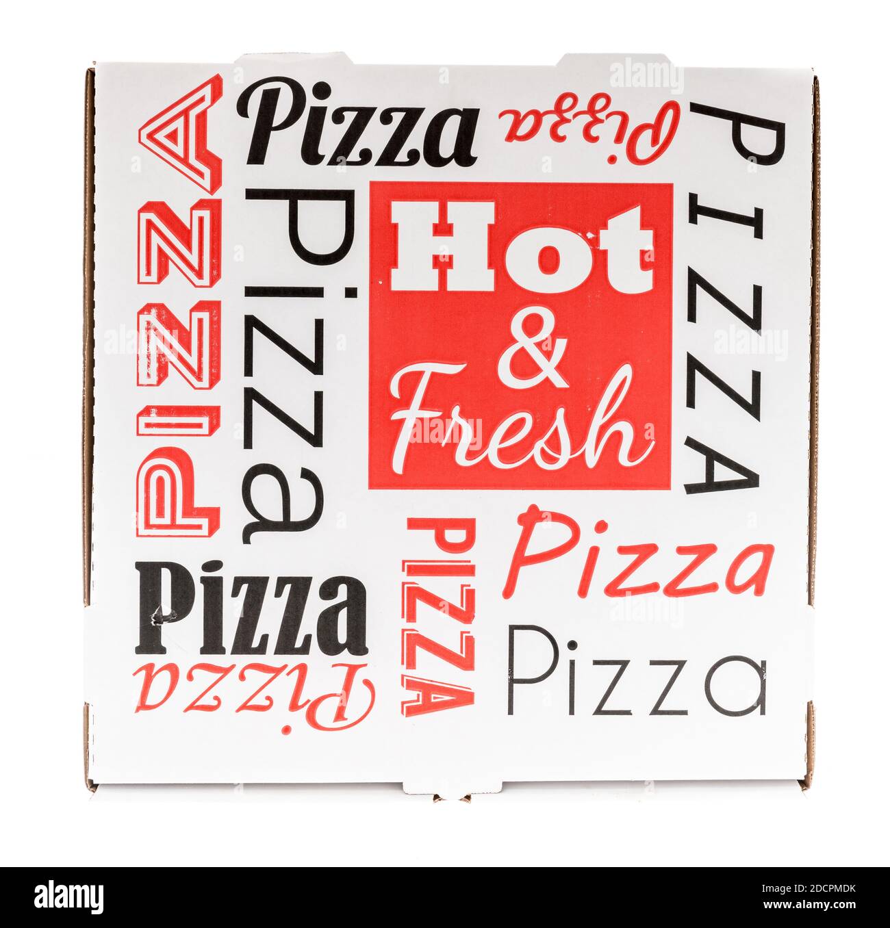 Eine Pizza-Box heiß und frisch auf einem isolierten Hintergrund Stockfoto