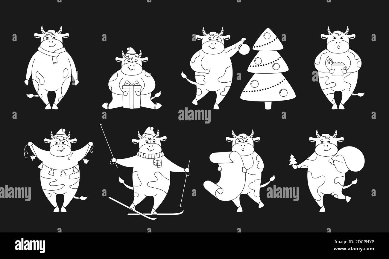 Christmas Bull Silhouette Set. Neujahr Symbol, Horoskop Zeichen. Cartoon weiße Glyphe Kuh, Büffel, Kalb. Kollektion Bauernhof Charakter mit Geschenkhut, Girlande. Frohes neues Jahr, Frohe Weihnachten. Tiervektor Stock Vektor