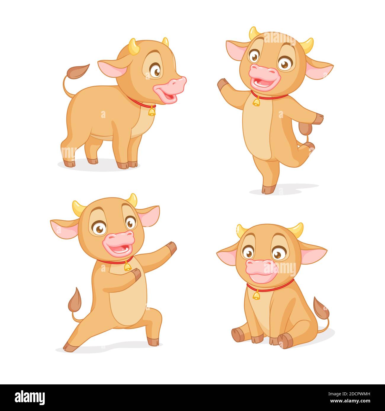 Niedliche Baby Ochse in verschiedenen Posen. Satz von Cartoon-Vektor-Illustrationen auf weißem Hintergrund. Stock Vektor