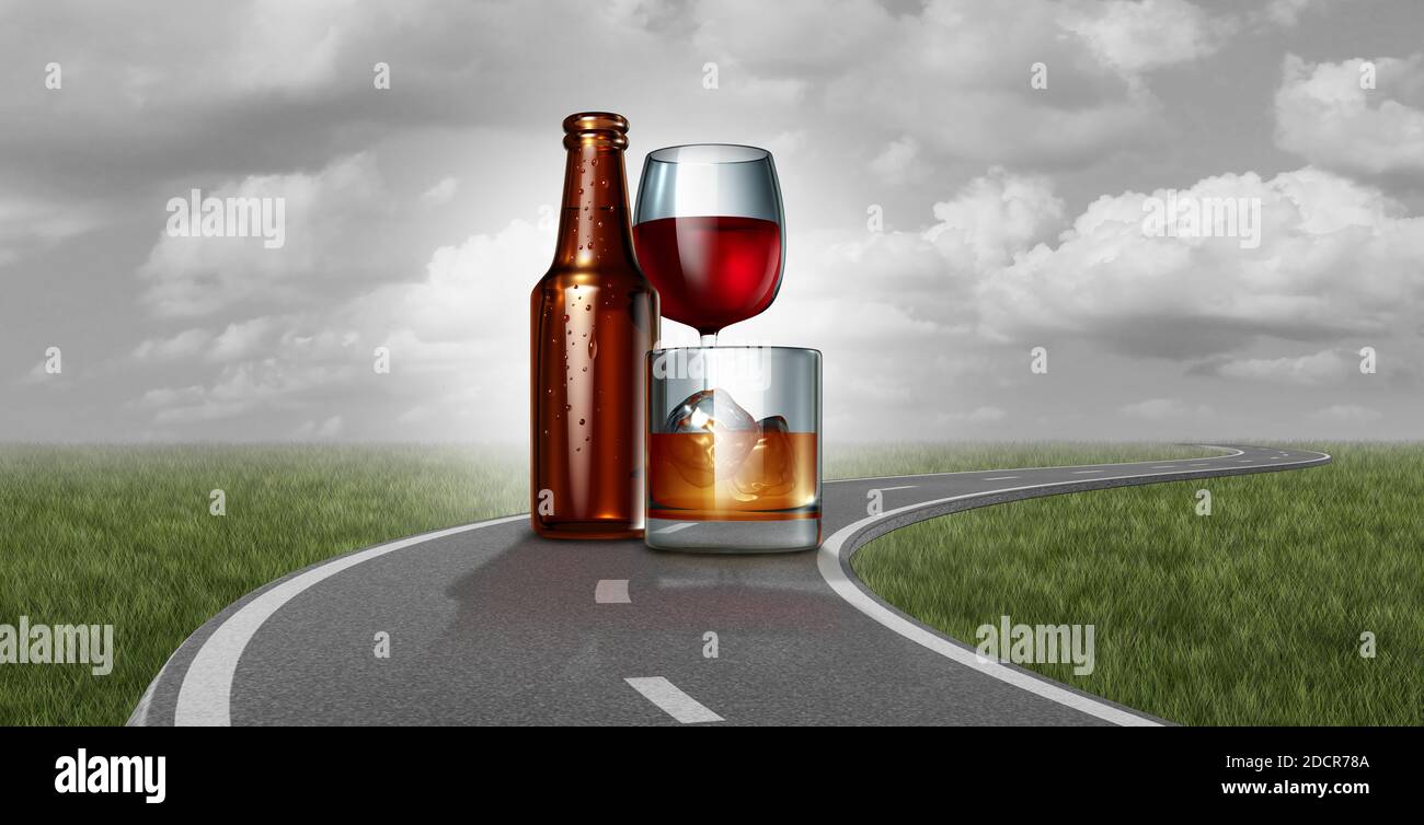 Betrunkenes Fahren und Trinken auf der Autobahn unter dem Einfluss einer Straße mit alkoholischen Getränken als Bier Wein und Whisky als 3D-Illustration. Stockfoto