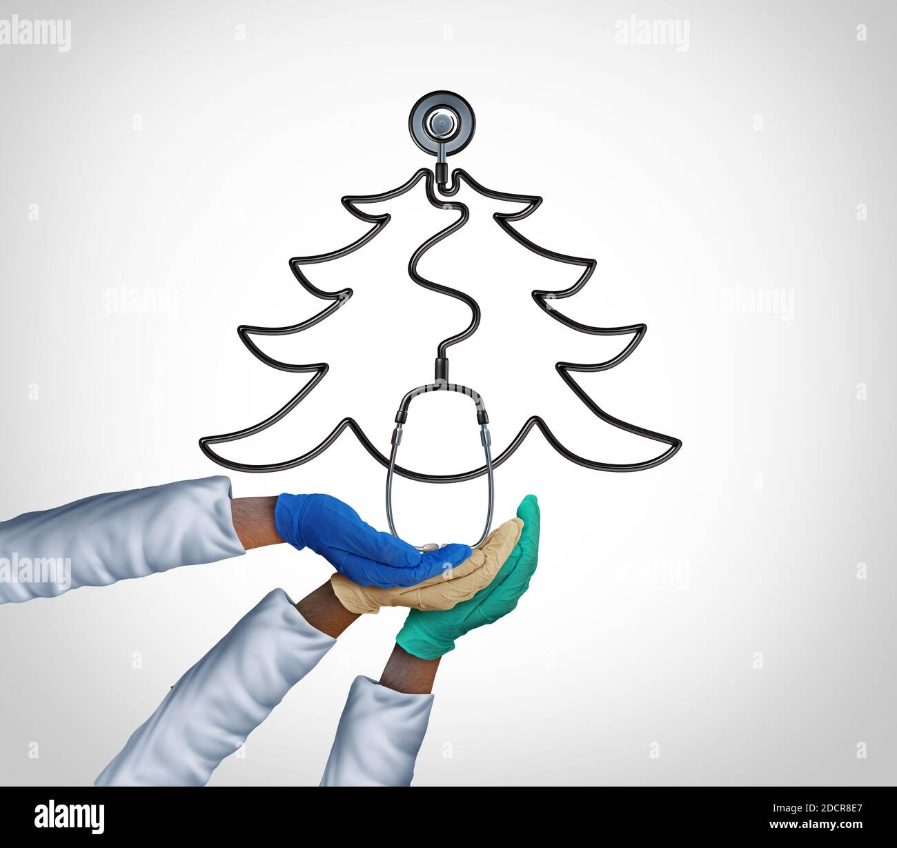 Medizinische Arbeiter Urlaub als Ärzte, die Hände als eine medizinische Gruppe feiern weihnachten als Arzt Gemeinschaft Gesundheit Unterstützung Metapher. Stockfoto