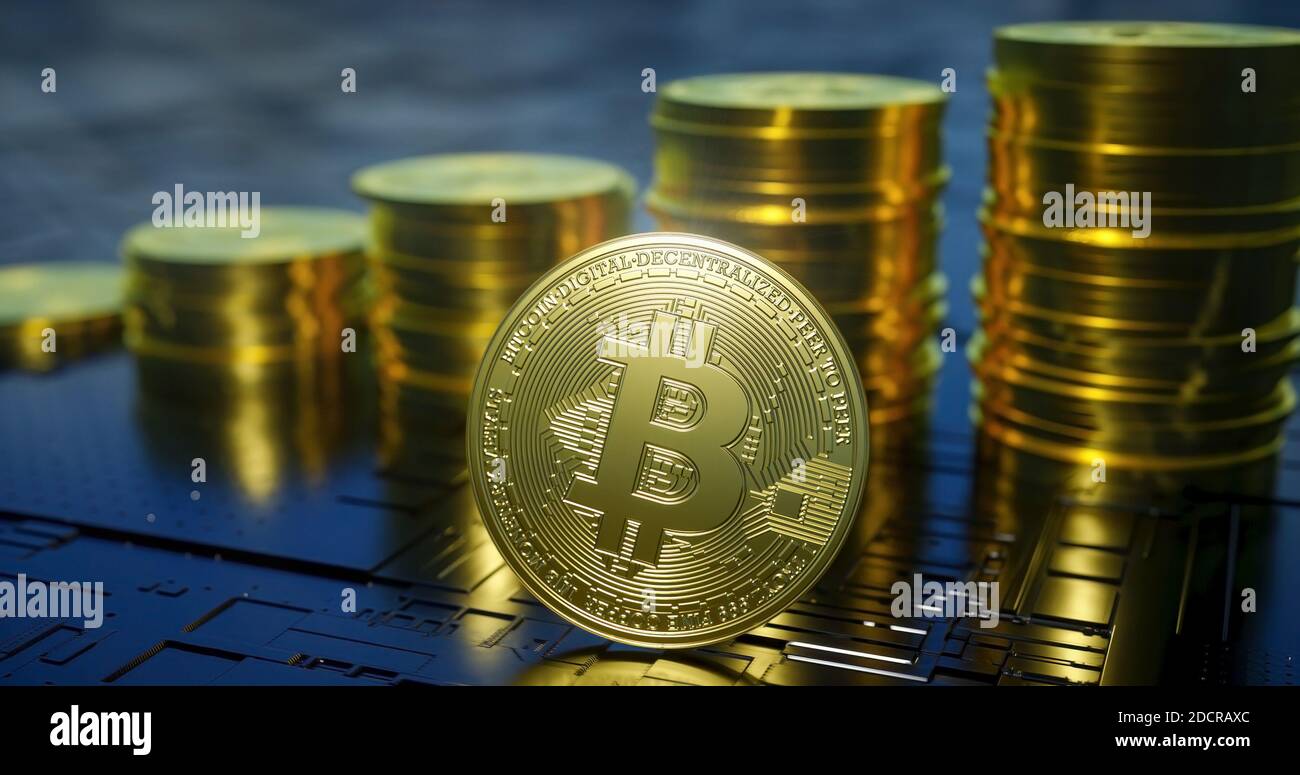 3d-Rendering von metallischen Bitcoin mit aufsteigenden Säulen von Münzen im Hintergrund. Stockfoto