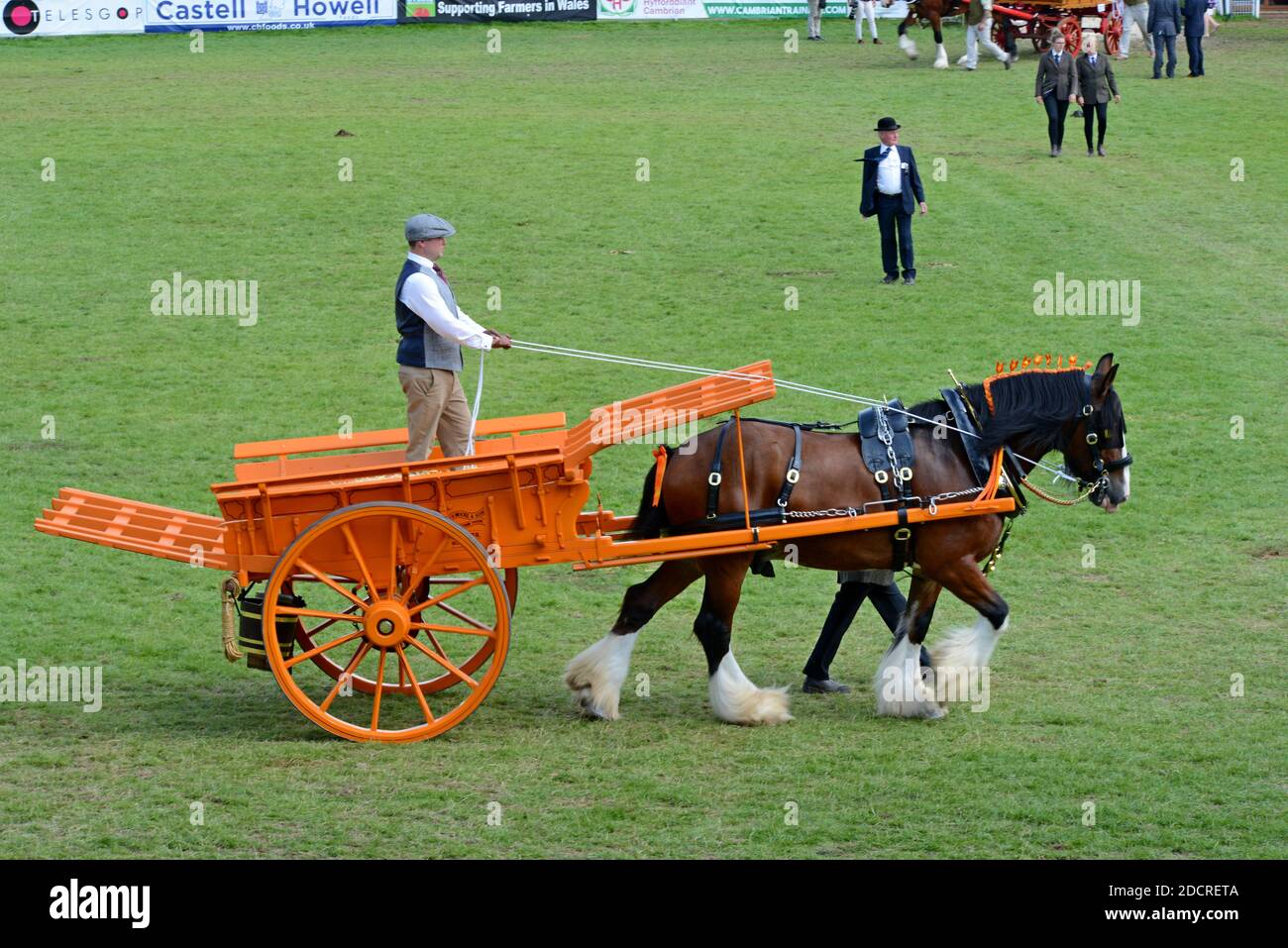 Besitzer der antiken und klassischen landwirtschaftlichen karren Sie im Ring Anzeige an die 100 Royal Welsh Show 2019, Builth Wells Stockfoto