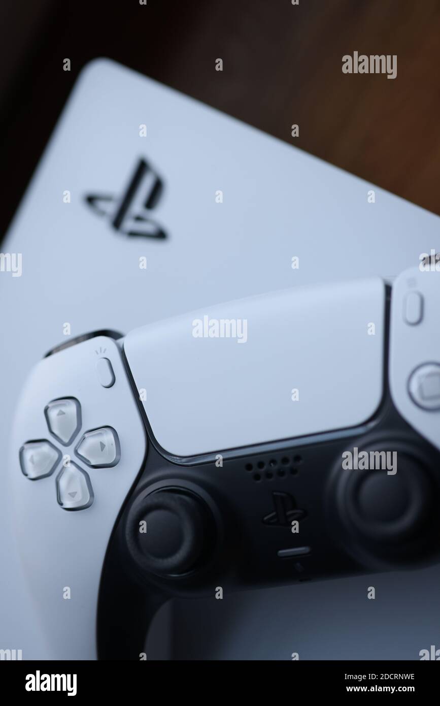 Weiße Sonyplaysation 5 Gamepad Nahaufnahme Hintergrund Stockfoto