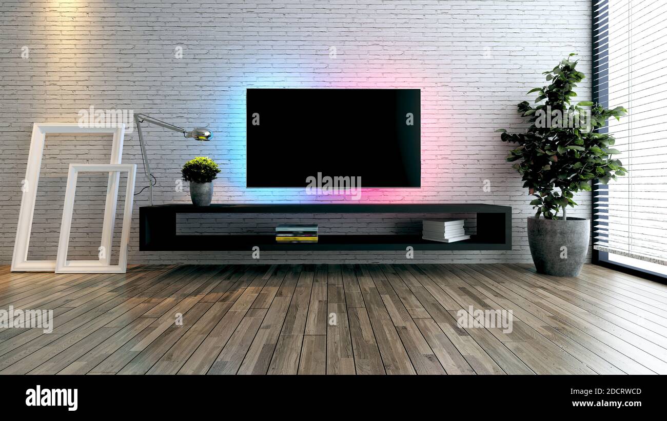 Minimalistischer tv-Raum für modernes Büro oder zu Hause. Gedankendesign-Idee mit weißer Ziegelwand, Bilderrahmen, Tischlampe und Pflanzen-3D-Rendering Stockfoto