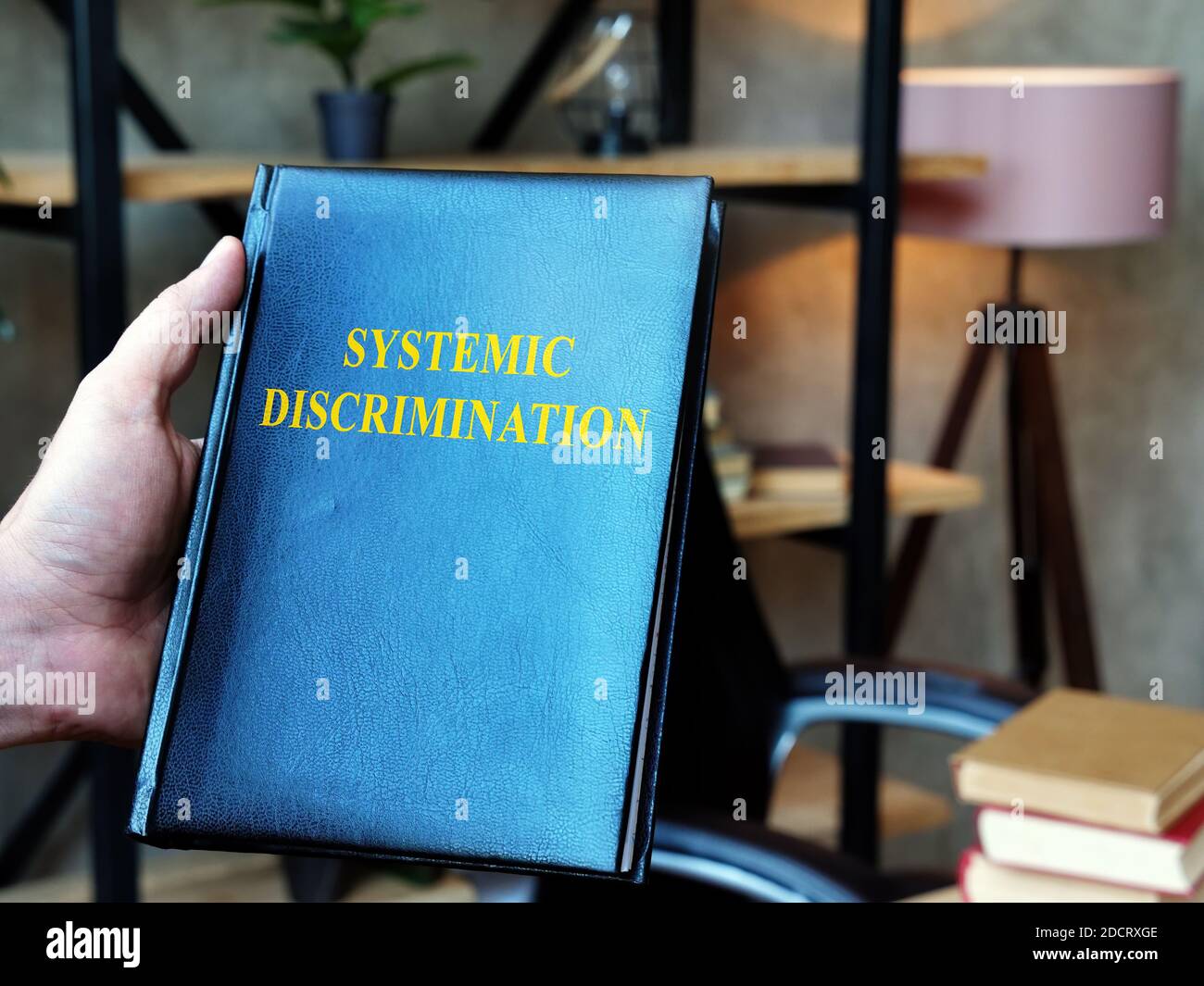 Rechtsanwalt hält systemische Diskriminierung Buch in der Kanzlei. Stockfoto