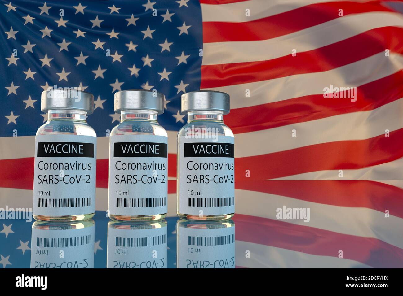 Covid-19-Impfstoff vor dem Hintergrund der USA-Flaggen Stockfoto