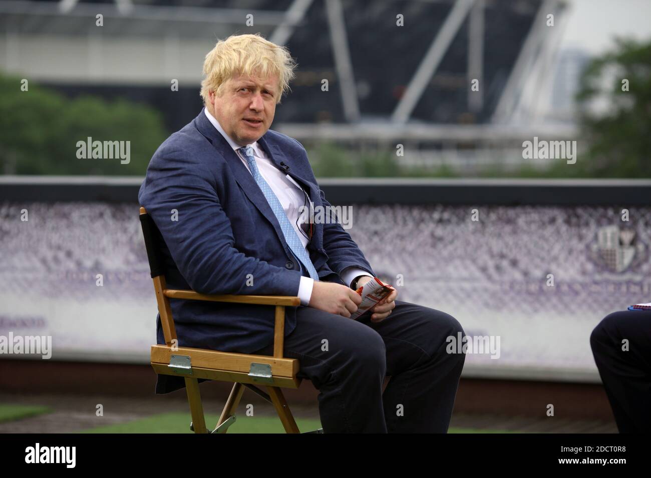 Boris Johnson, bei der Vote Leave Rallye im Jahr 2016 Vote Leave Rallye auf Formans Fish Island in East London angesprochen Stockfoto