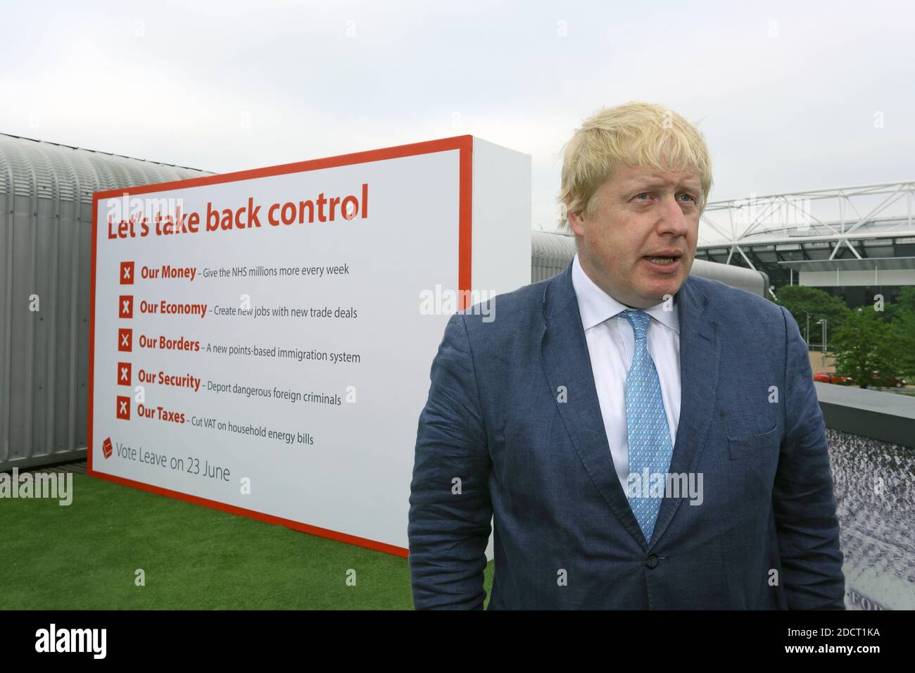 Boris Johnson, bei der Vote Leave Rallye im Jahr 2016 Vote Leave Rallye auf Formans Fish Island in East London angesprochen Stockfoto