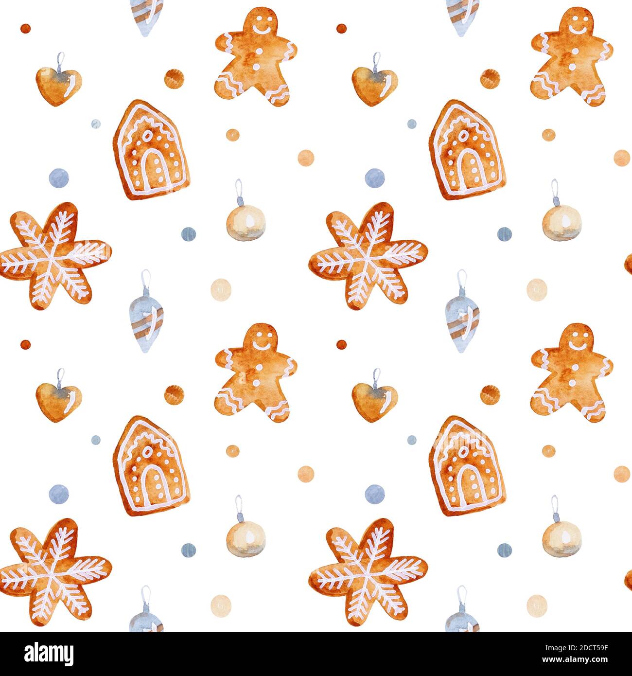 Aquarell Weihnachten nahtlose Muster mit Spielzeug, Sterne und Schneeflocken. Heller festlicher Hintergrund für Stoffe, Geschenkpapier und Karten Stockfoto
