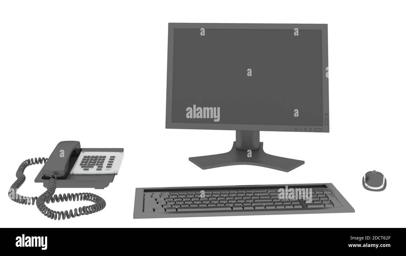 3D Render Workspace mit Computer mit leerem weißen Bildschirm Stockfoto