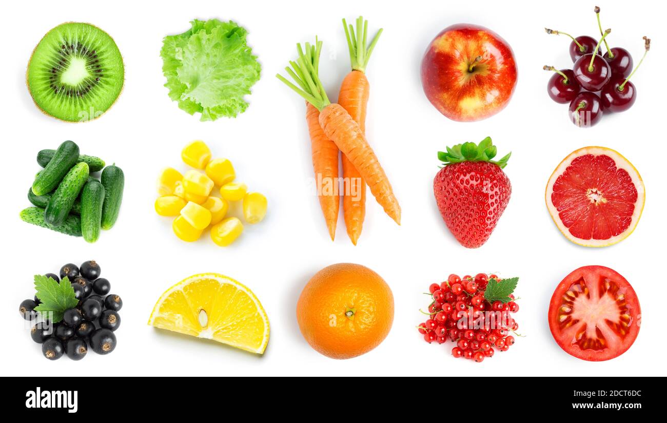 Sammlung von Obst und Gemüse auf weißem Hintergrund. Draufsicht. Frisches Essen Stockfoto Sammlung von Obst und Gemüse auf weißem Hintergrund. Draufsicht. Frisches Essen Stockfoto