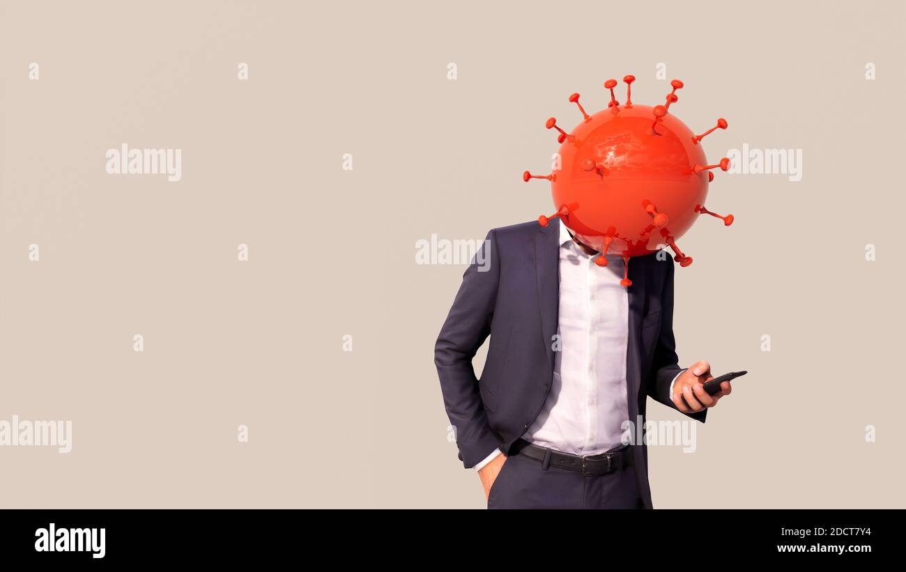 Konzept oder konzeptionelle 3d-Darstellung eines Geschäftsmanns, der überprüft Sein Telefon und Coronavirus auf beigefarbenem Hintergrund Stockfoto