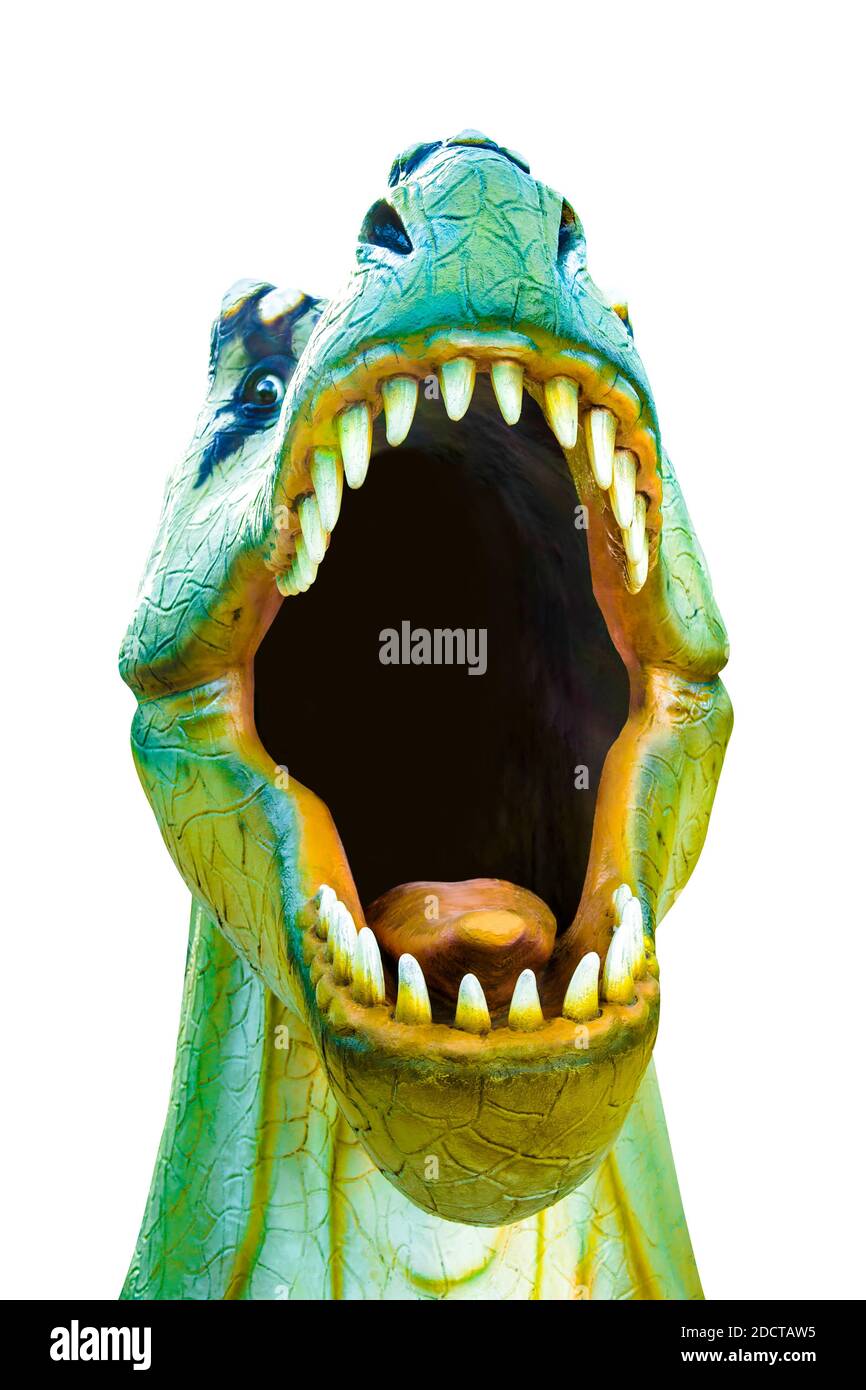 Modell des Dinosauriers mit offenem Mund Nahaufnahme. Isoliert auf weißem Hintergrund. Beschneidungspfad enthalten. Stockfoto