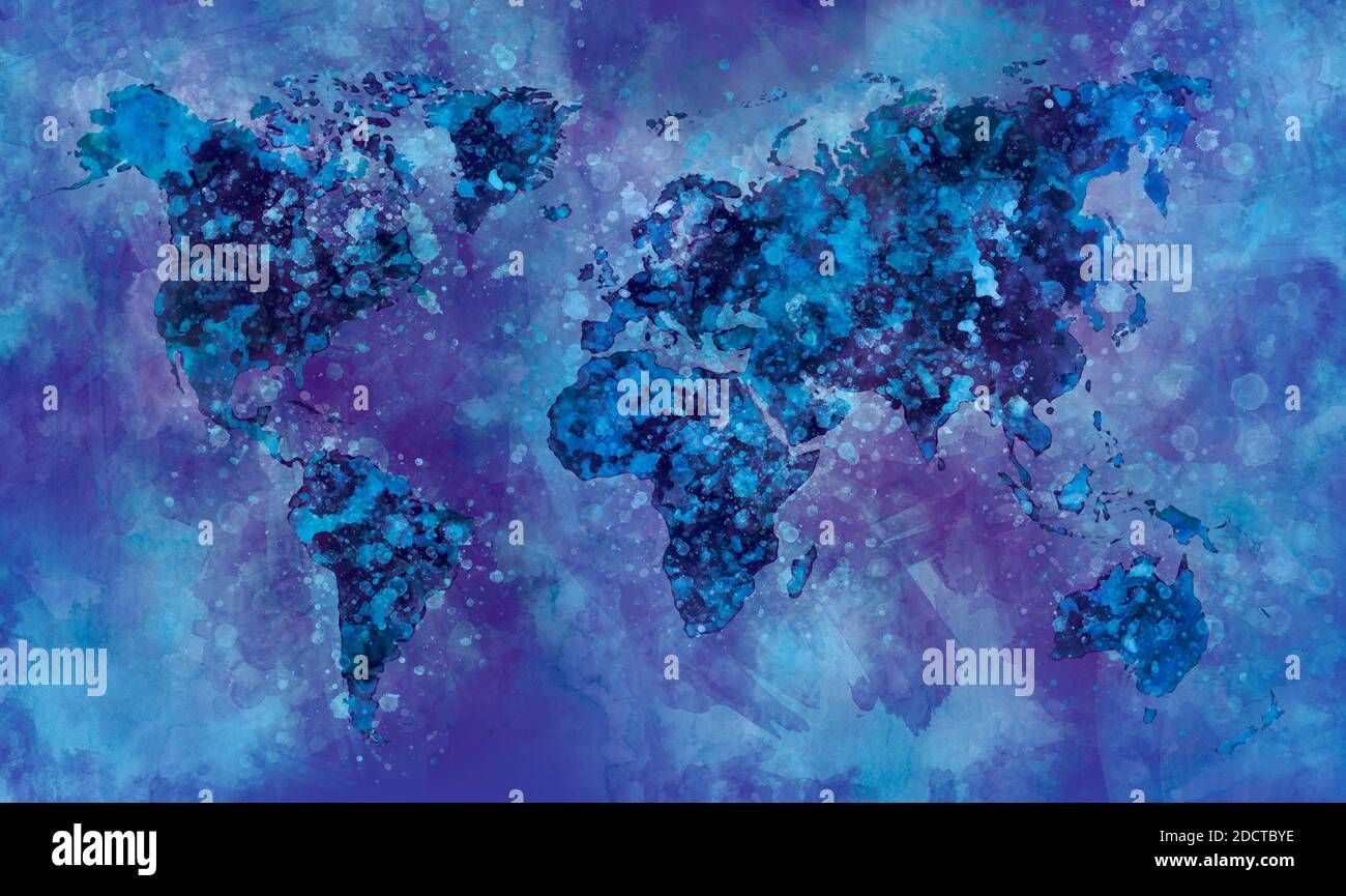 Dark Night World Karte in Aquarell Malerei abstrakte Spritzer auf Papier. Stockfoto