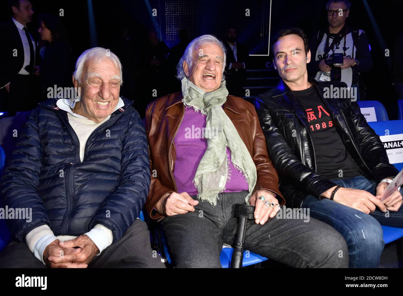 Anthony Delon, Jean-Paul Belmondo, Charles Gerard Assistent au combat Opposant Tony Yoka a Jonathan Rice a Paris, Frankreich, le 7 avril 2018. Foto von Alban Wyters/ABACAPRESS.COM Stockfoto