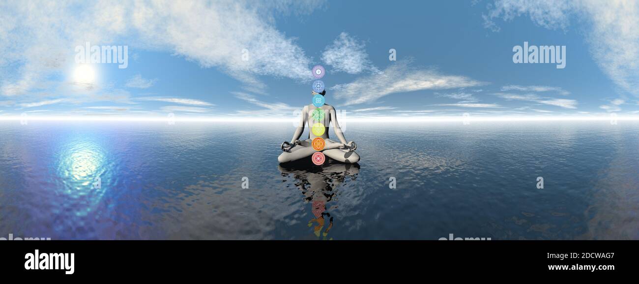 Mann meditiert über den Ozean und Chakra Farben - 3D Rendern Stockfoto