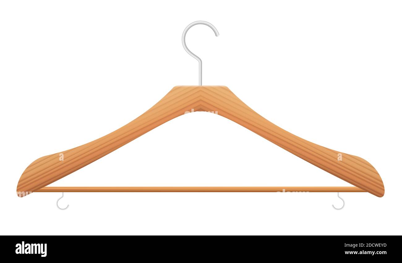 Kleiderbügel aus Holz mit Querbalken und kleinen Haken, einfach, frontal, leer, Holzstruktur - Illustration auf weißem Hintergrund. Stockfoto