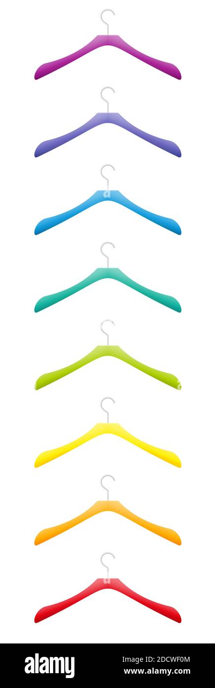 Bunte Kleiderbügel, Kunststoff Kleiderbügel Set, verschiedene Farben, Regenbogen Farbverlauf farbige Sammlung - Illustration auf weißem Hintergrund. Stockfoto
