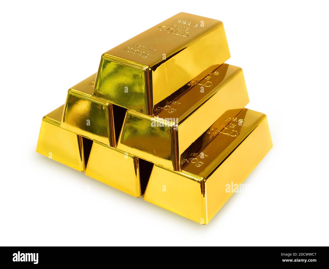 Stapel 6 Goldbarren 1 kg auf weißem Hintergrund Stockfoto