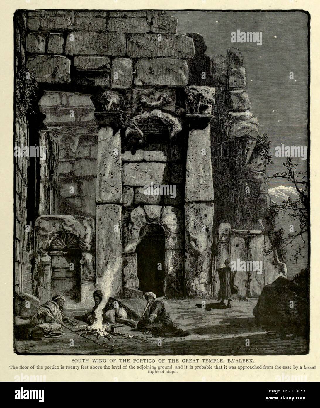 Gravur auf Holz des Südflügels des Portikus des Großen Tempels Ba'albek [Baalbek] Libanon aus dem malerischen Palästina, Sinai und Ägypten von Wilson, Charles William, Sir, 1836-1905; Lane-Poole, Stanley, 1854-1931 Band 2. Erschienen in New York bei D. Appleton im Jahre 1881-1884 Stockfoto