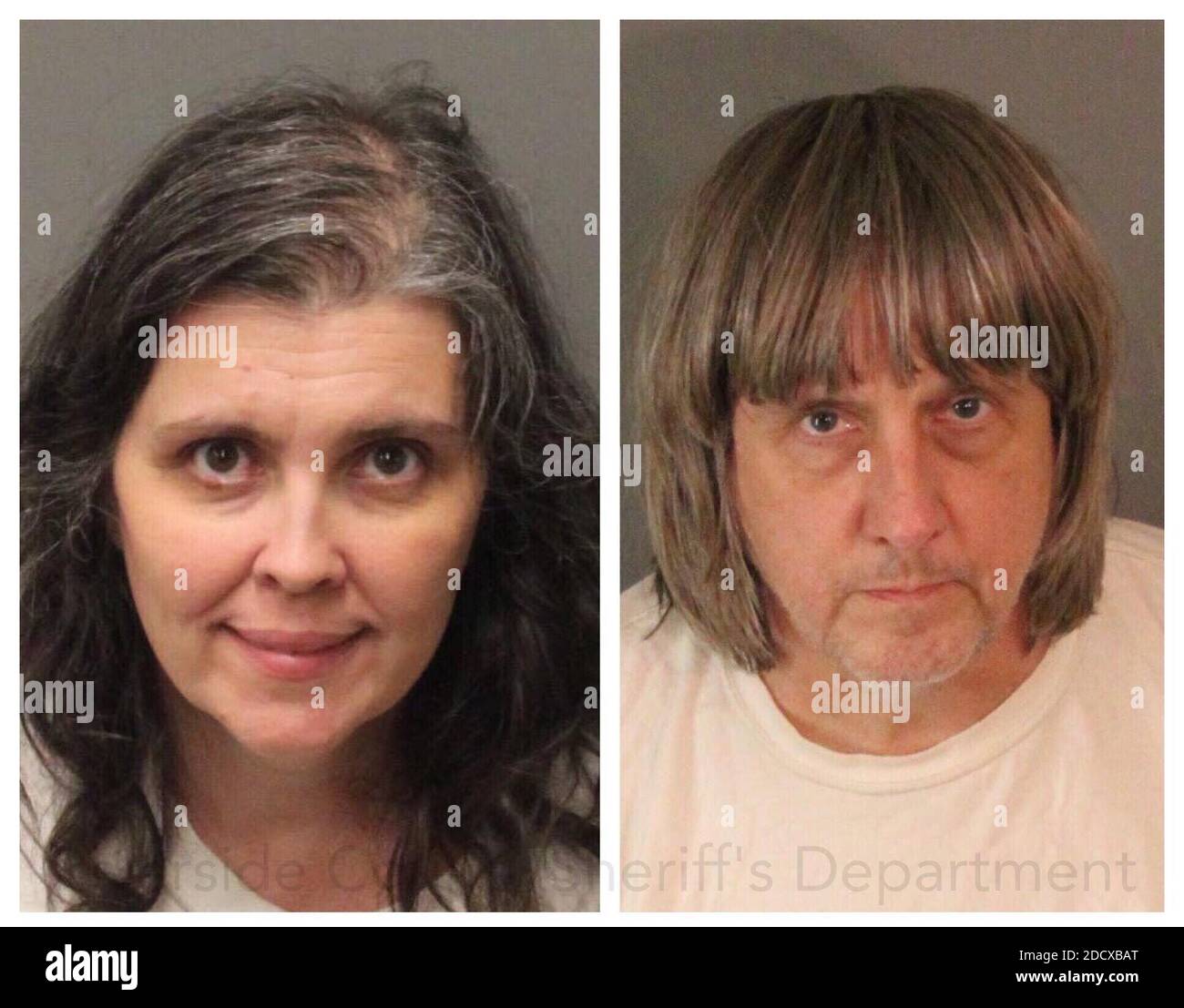 Diese am 15. Januar 2018 erstellte Bildkombination zeigt Buchungs-Fotos aus dem Riverside County Sheriff's Department of David Allen Turpin (R), 57, Und Louise Anna Turpin, 49 Jahre.das kalifornische Paar wurde verhaftet, nachdem die Behörden ein Dutzend unterernährter Geschwister in ihrem Haus gefunden hatten, einige wurden im Dunkeln mit Ketten und Vorhängeschlössern an ihre Betten gefesselt, sagten Beamte am 15. Januar 2018. Nachdem ein 17-jähriges Mädchen am Sonntag aus dem Haus geflohen war und 911 angerufen hatte, starteten die Behörden eine Folterprobe und verletzten für die Eltern eine Kaution in Höhe von 9 Millionen Dollar. Foto von Riverside County Sheriff's Abfahrt Stockfoto