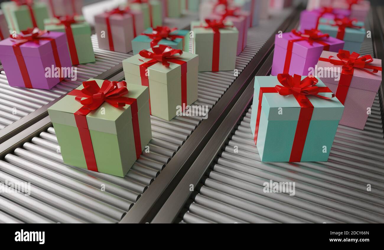 Versand von Weihnachtsgeschenken. Viele Geschenke auf Förderband. 3D-Darstellung  Stockfotografie - Alamy