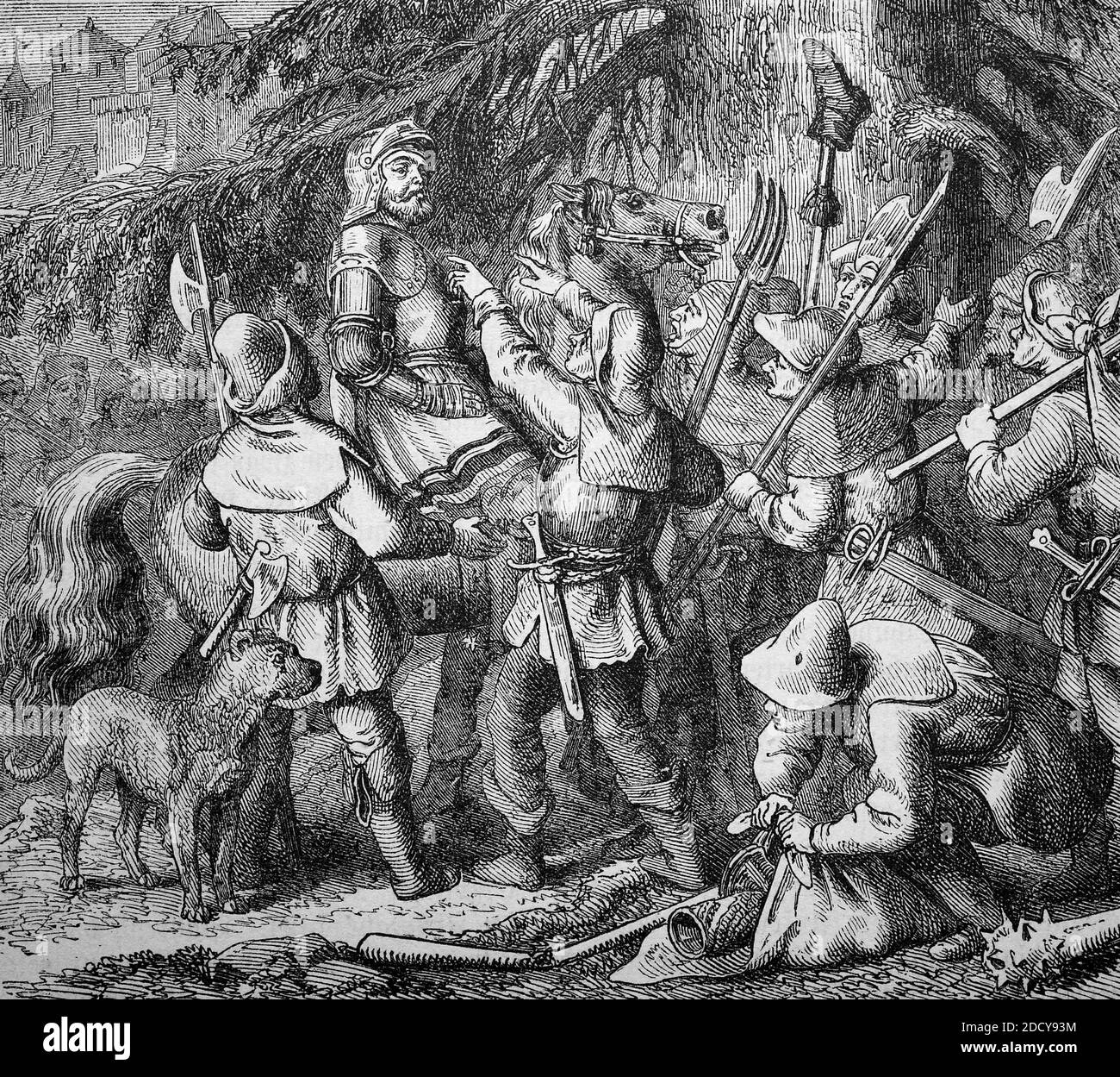 Götz von Berlichingen, 1480 - 23. Juli 1562, wird von den rebellischen fränkischen Bauern / Götz von Berlichingen, 1480 - 23 zum Feldhauptmann gewählt. Juli 1562, wird von den aufständischen fränkischen Bauern zum Feldhauptmann gewählt, Historisch, historisch, digital verbesserte Reproduktion eines Originals aus dem 19. Jahrhundert / digitale Reproduktion einer Originalvorlage aus dem 19ten Jahrhundert. Jahrhundert, Stockfoto