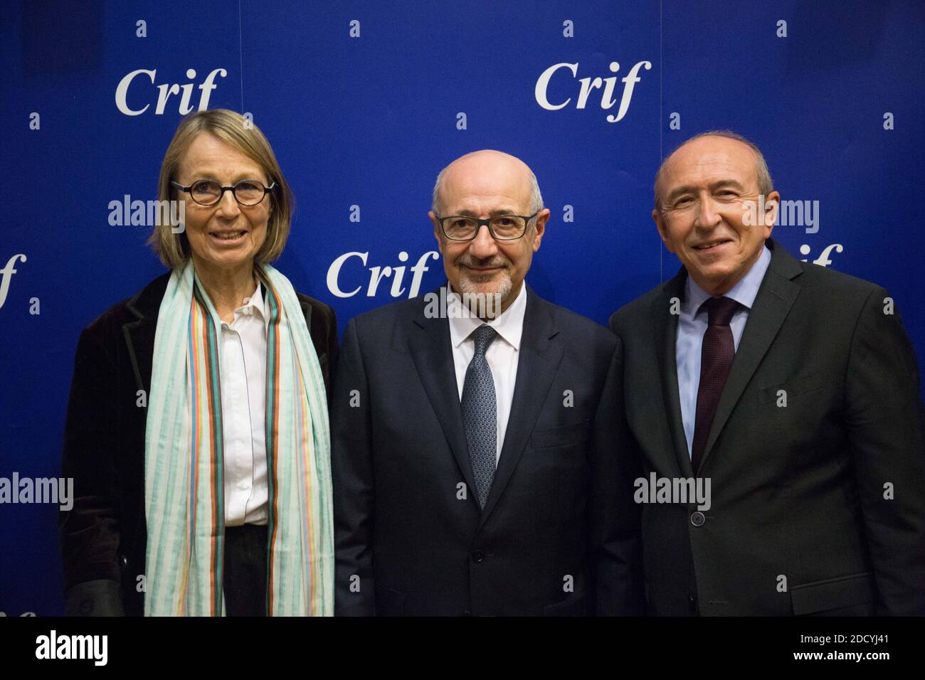 CRIF-Präsident Francis Kalifat, Gerard Collomb, Francoise Nyssen beim 33. Jährlichen Dinner des Vertretungsrates der jüdischen Institutionen Frankreichs (CRIF - Conseil Representatif des Institutions juives de France) am 7. März 2018 in Paris, Frankreich. Foto von Hamilton/Pool/ABACAPRESS.COM Stockfoto