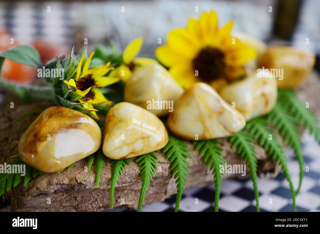 Großer Gelber Jaspis In Tumbled! Cremige, gelbe Strudel. Schöner, verworrter gelber Jaspis, ideal für Entgiftung und Kraft. Hexen heilenden Kristall. Vintage Stockfoto