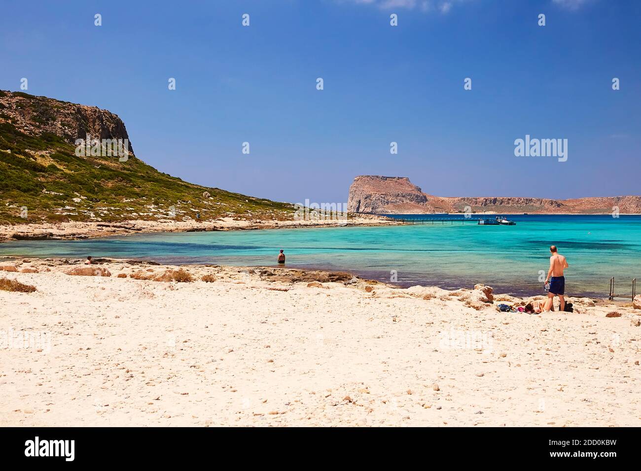 GRAMVOUSA - BALOS, DIE INSEL KRETA, GRIECHENLAND - 4. JUNI 2019: Der schöne Meerblick am Strand und der Bucht von Balos. Stockfoto