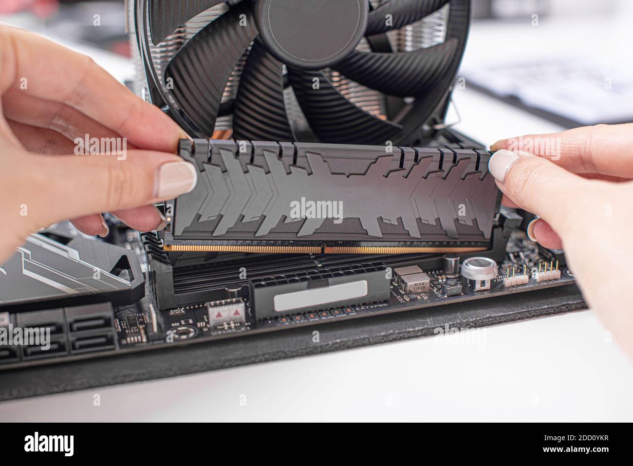 Installieren von Arbeitsspeicher in den PC. Stockfoto