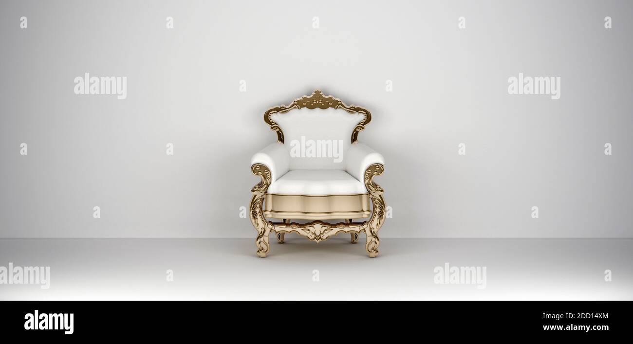 Luxuriöser weißer Sessel mit Blick auf den goldenen Rand von vorne. 3d-Rendering Stockfoto