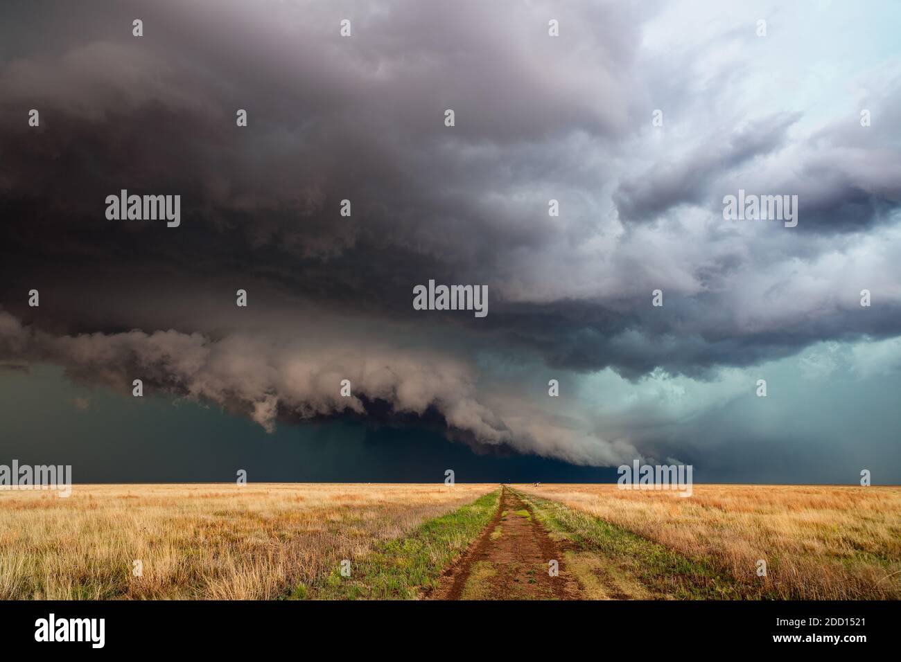 Ein heftiges Gewitter mit dunklen Wolken und stürmischem Himmel über einem Feld in Kansas Stockfoto