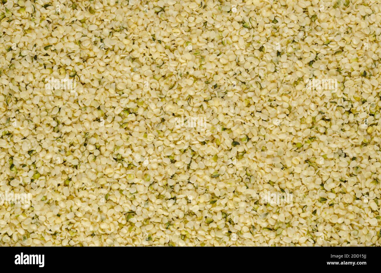 Geschälte Hanfsamen. Oberfläche und Hintergrund von rohen und essbaren Hanfsamen. Cannabis sativa, reich an vollständigem Protein und eine große Quelle von Eisen. Stockfoto